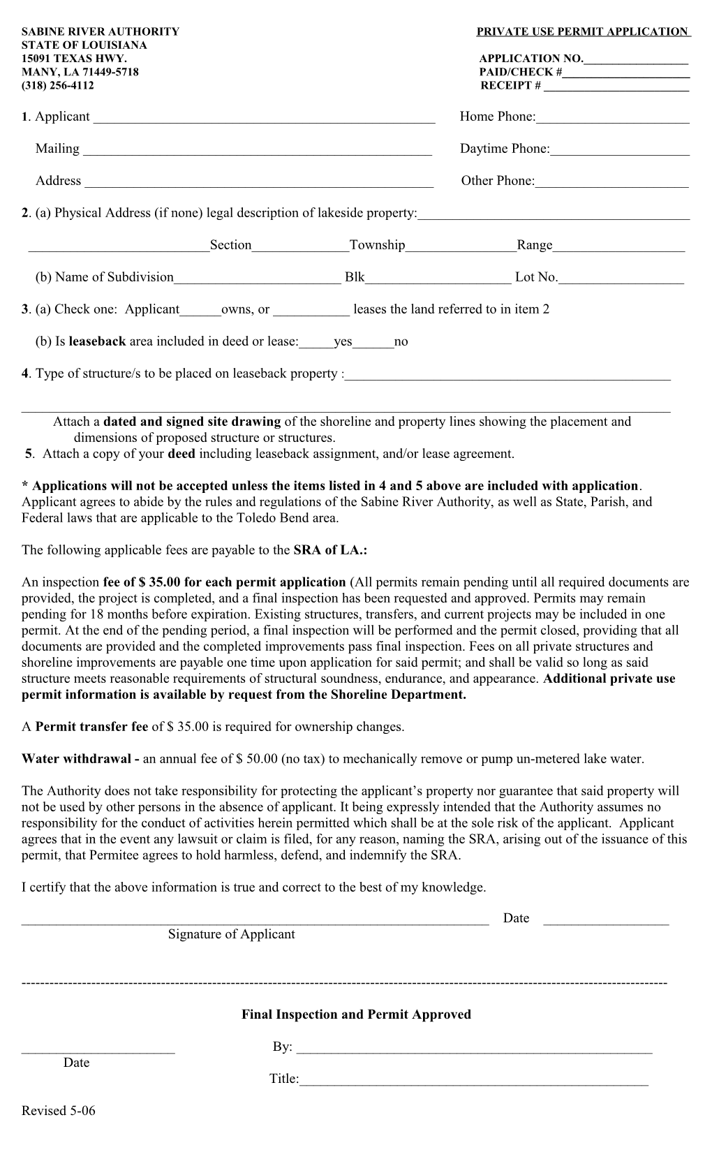 Sabine River Authority Private Use Permit Application