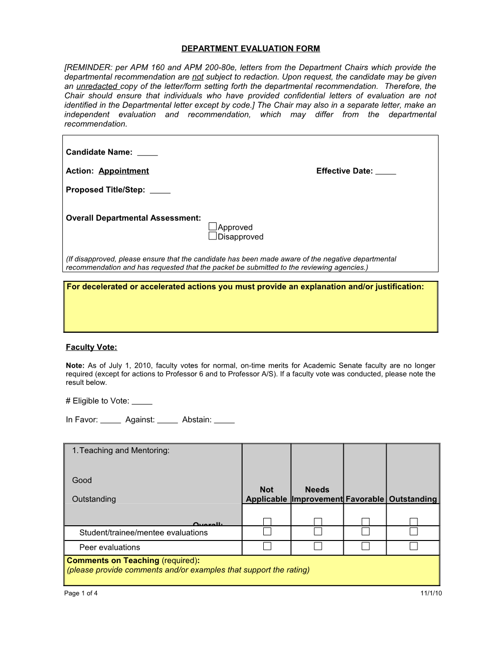 Department Evaluation Form