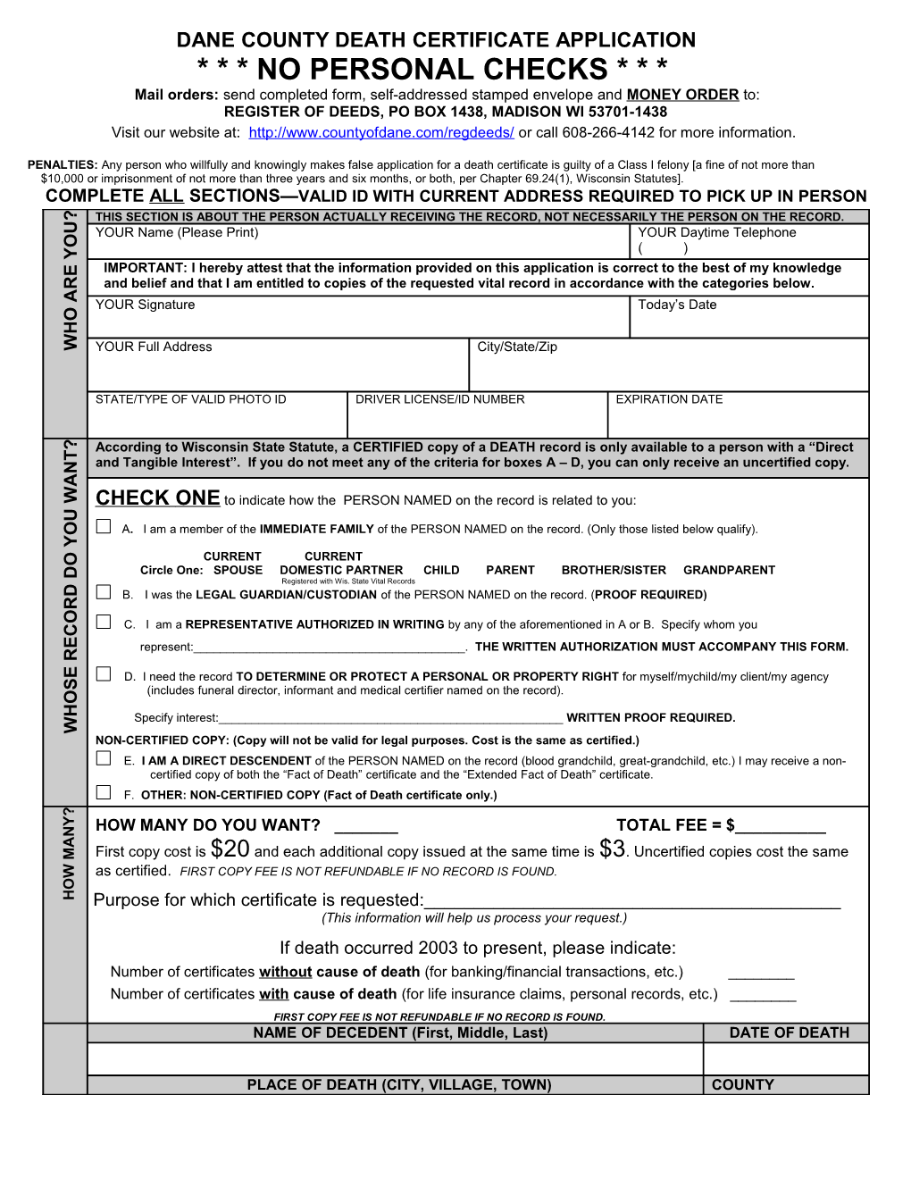 Dane County Death Certificate Application