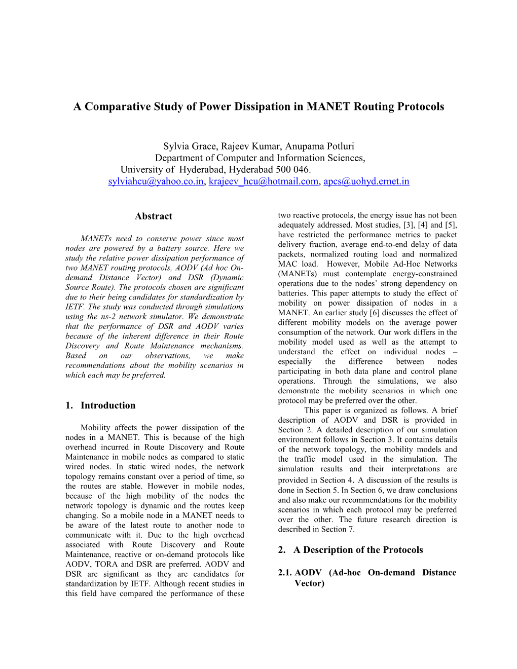 A Comparative Study of Power Dissipation in MANET Routing Protocols