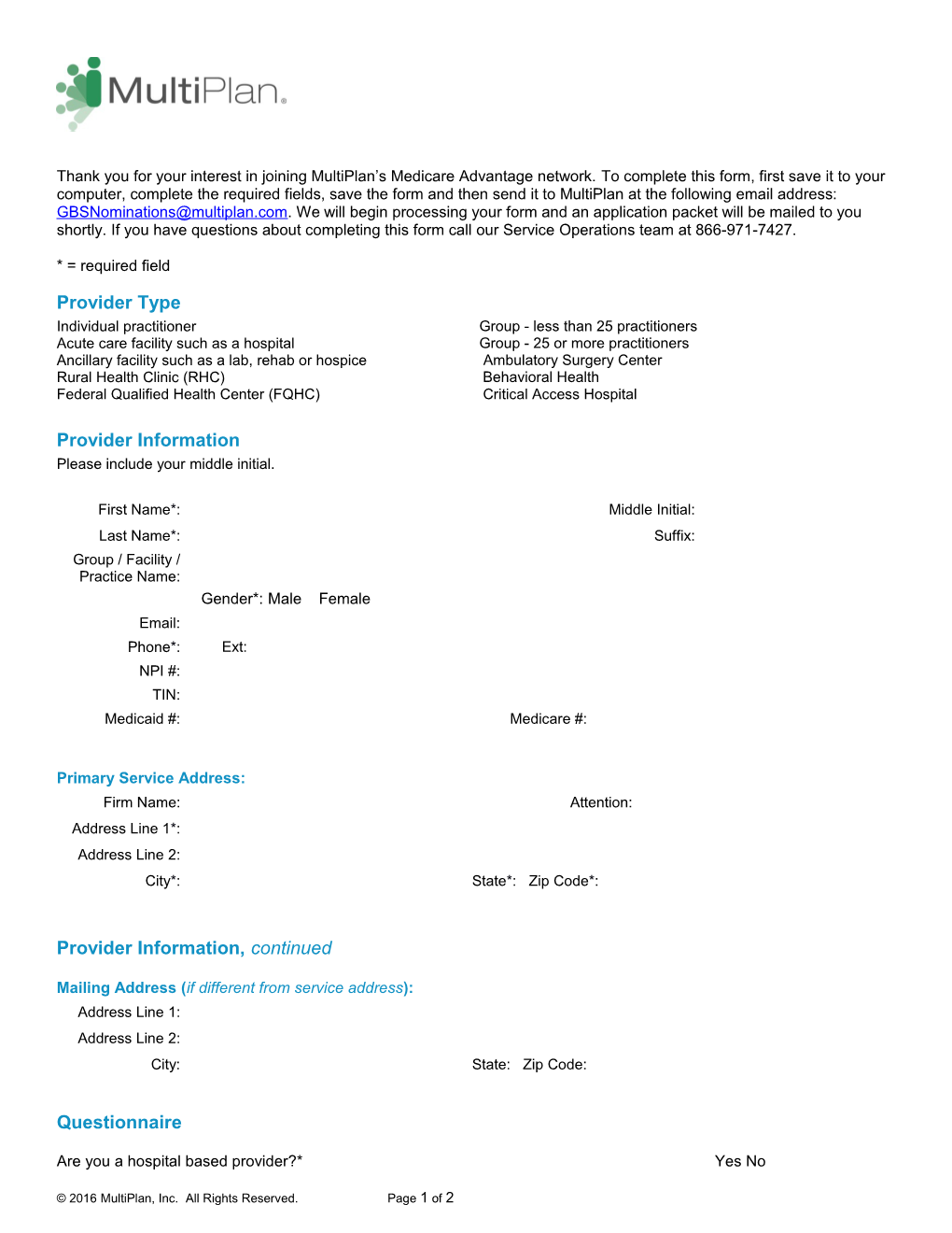 Multiplan Medicare Advantage Network Application Request