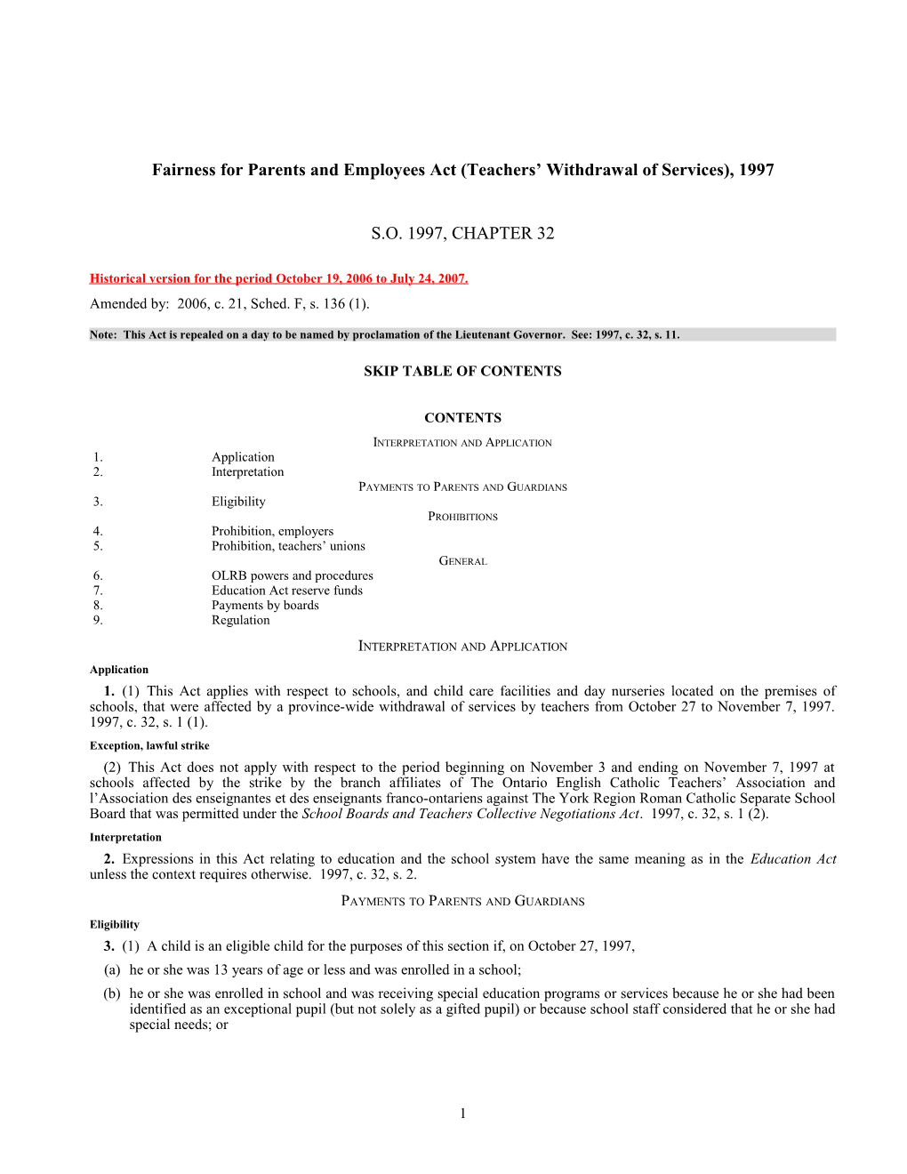 Fairness for Parents and Employees Act (Teachers' Withdrawal of Services), 1997, S.O. 1997