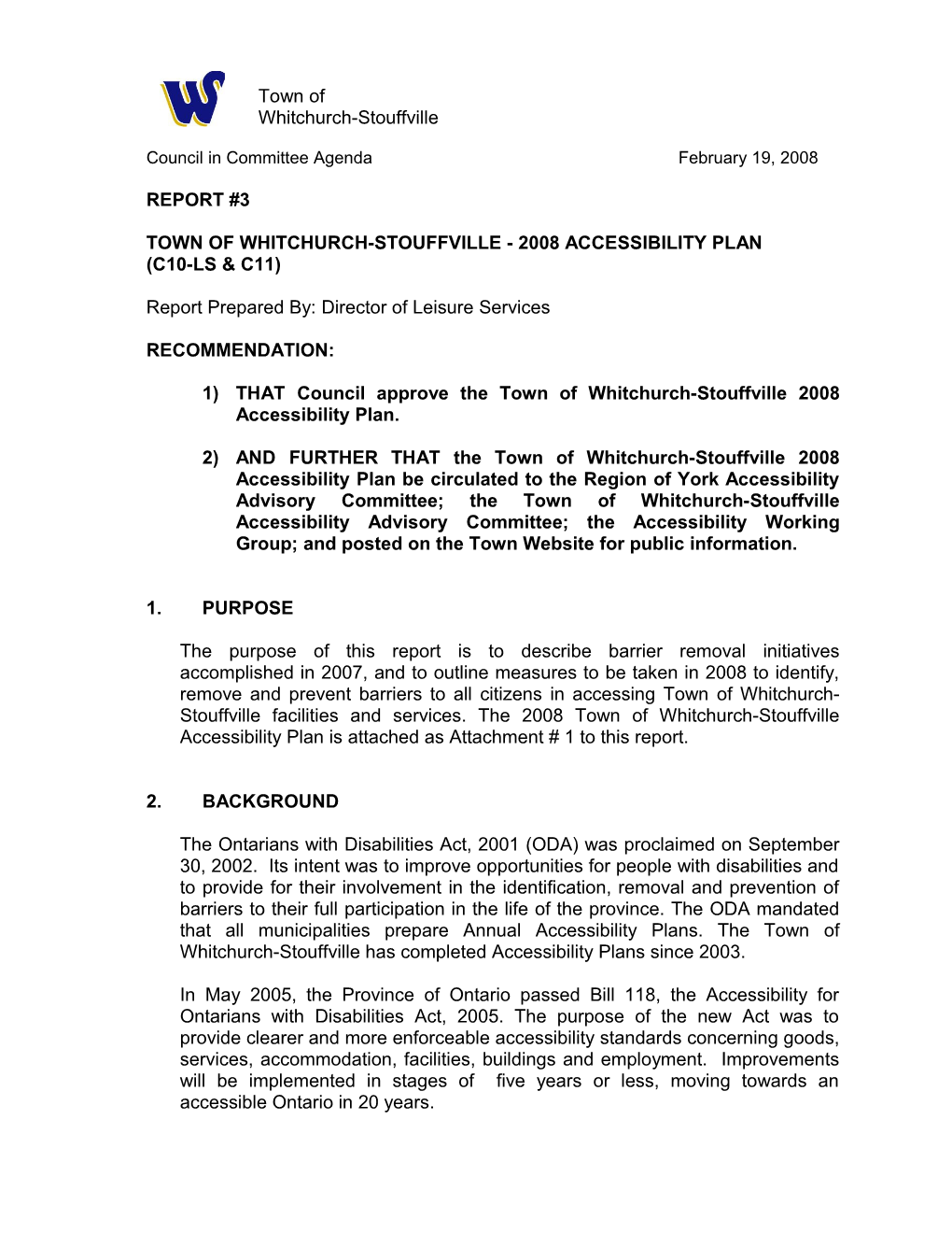 Town of Whitchurch-Stouffville - 2008 Accessibility Plan