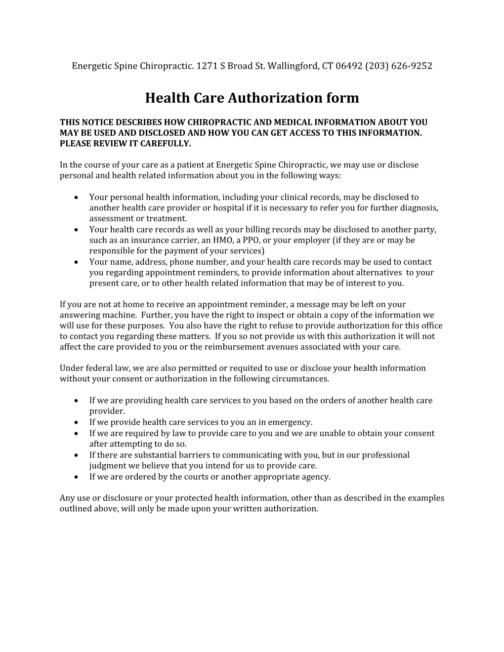 Health Care Authorization Form