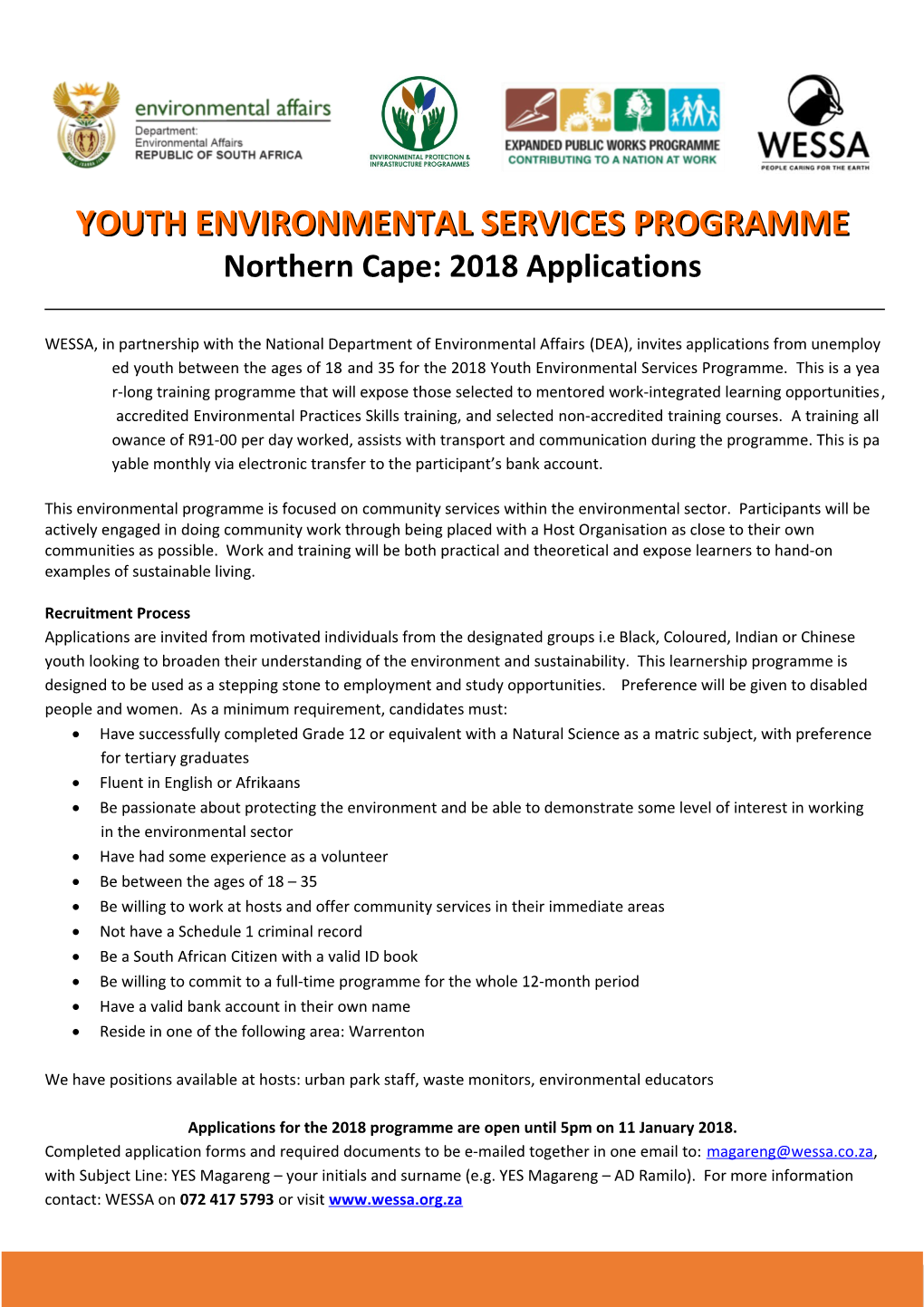 YOUTH ENVIRONMENTAL SERVICES PROGRAMME Northern Cape: 2018 Applications