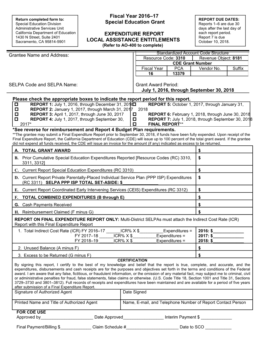 Form-15: Expenditure Report PCA 13379 - Administration & Support (CA Dept of Education)