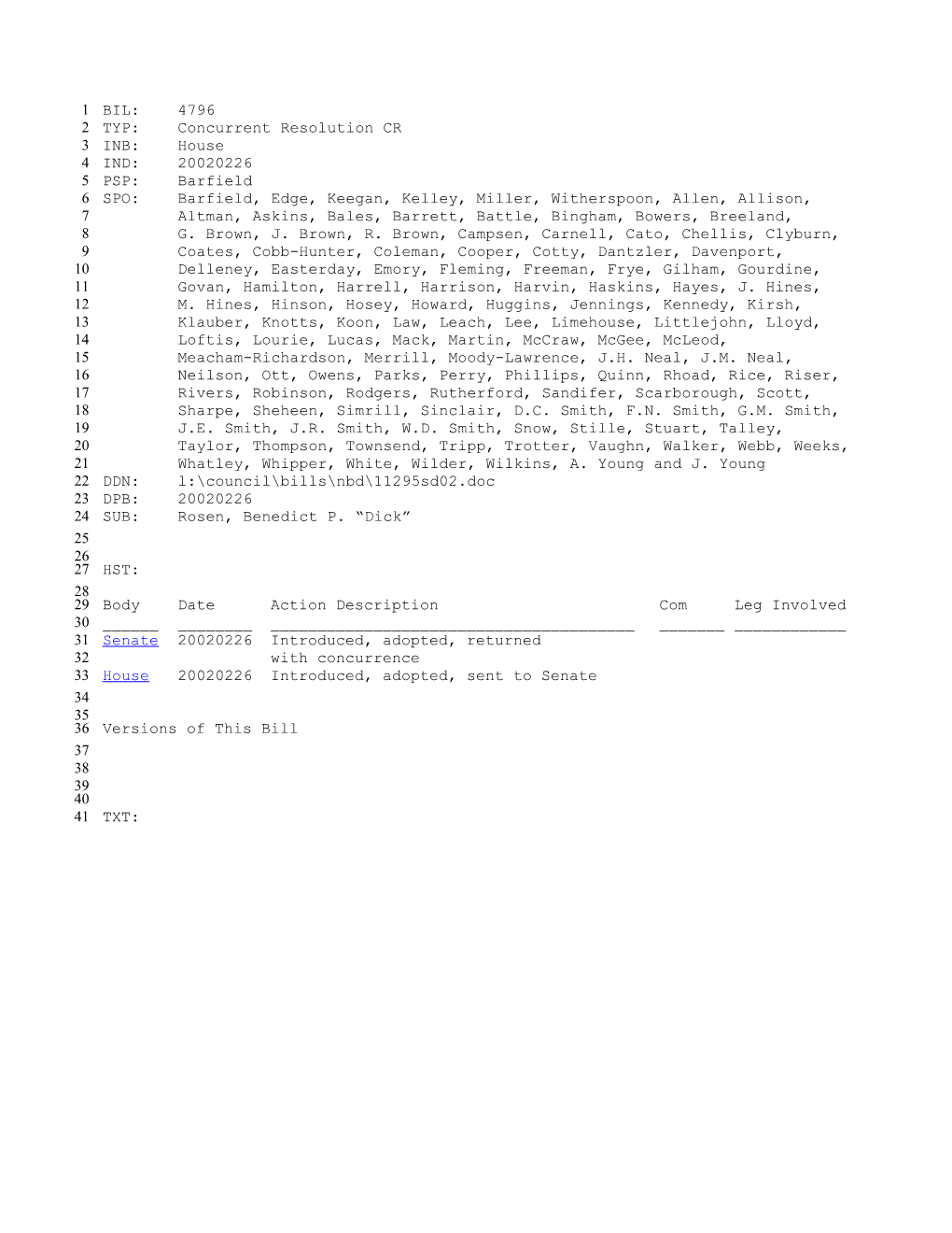 2001-2002 Bill 4796: Rosen, Benedict P. Dick - South Carolina Legislature Online
