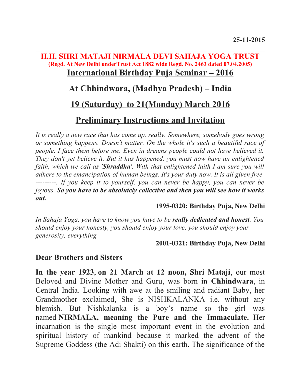 H.H. Shri Mataji Nirmala Devi Sahaja Yoga Trust