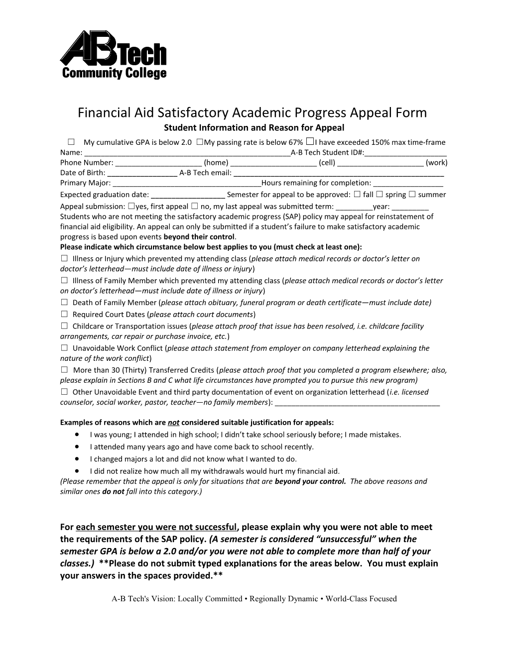 Financial Aid Satisfactory Academic Progress Appeal Form