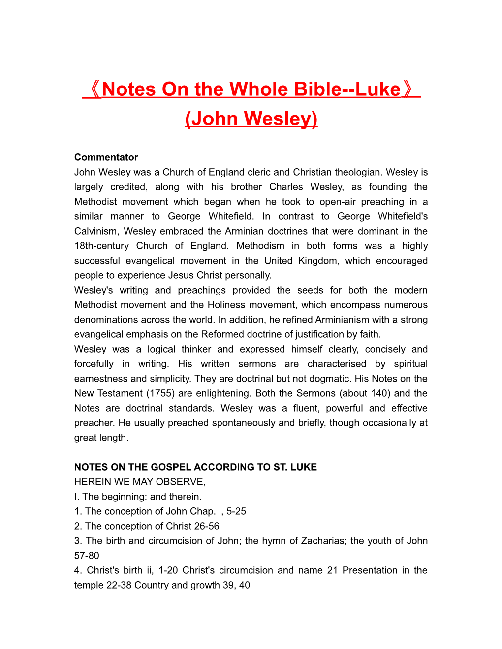 Notes on the Whole Bible Luke (John Wesley)