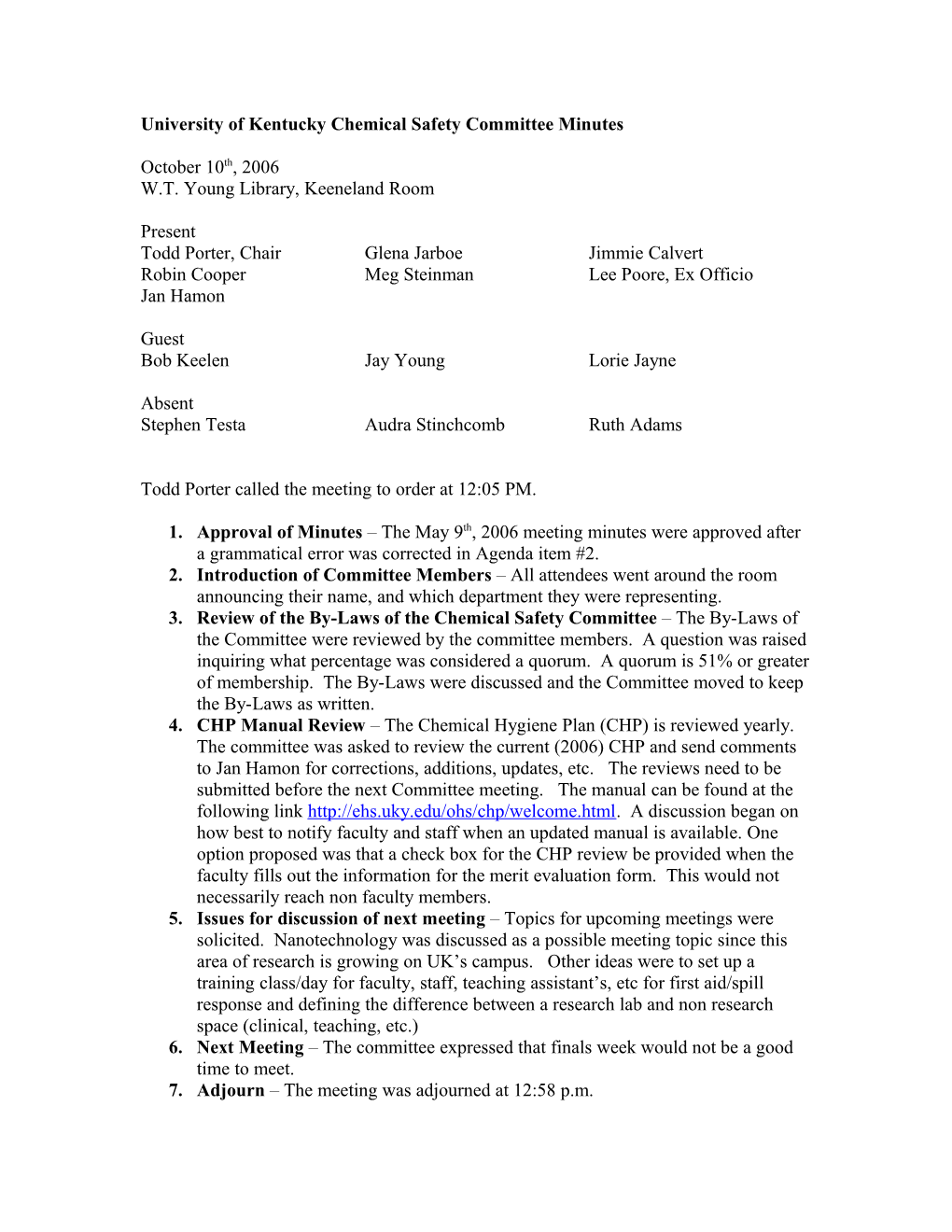 University of Kentucky Chemical Safety Committee Minutes