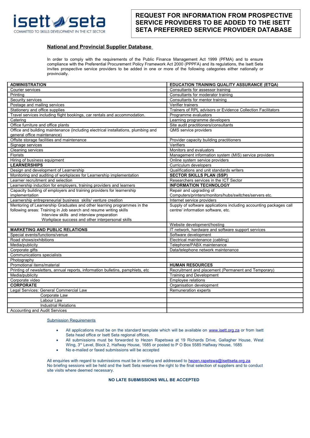 National and Provincial Supplier Database (Period)