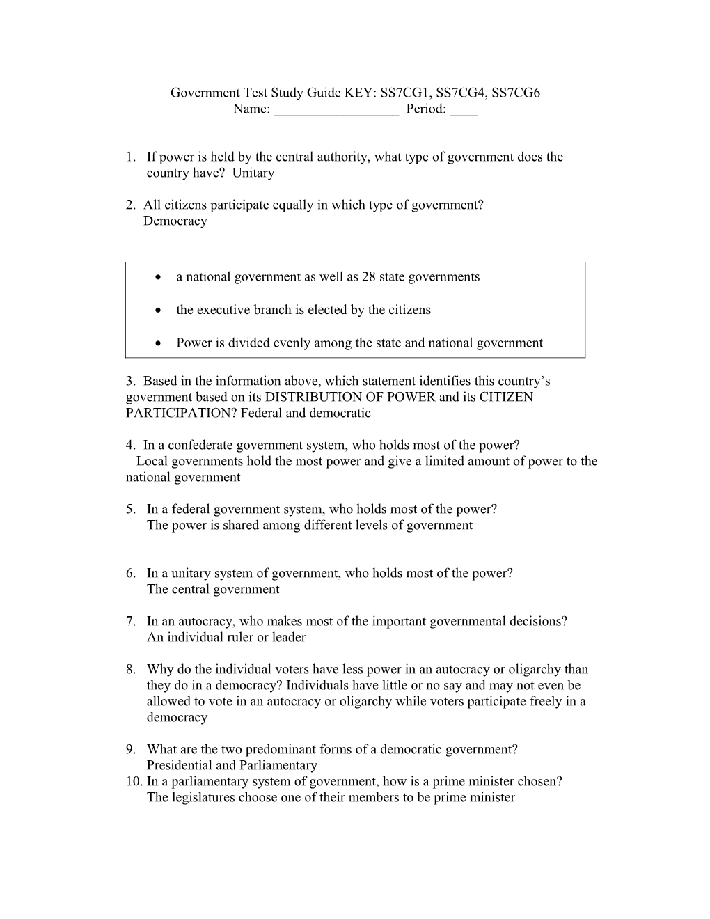 Government Test Study Guide KEY: SS7CG1, SS7CG4, SS7CG6
