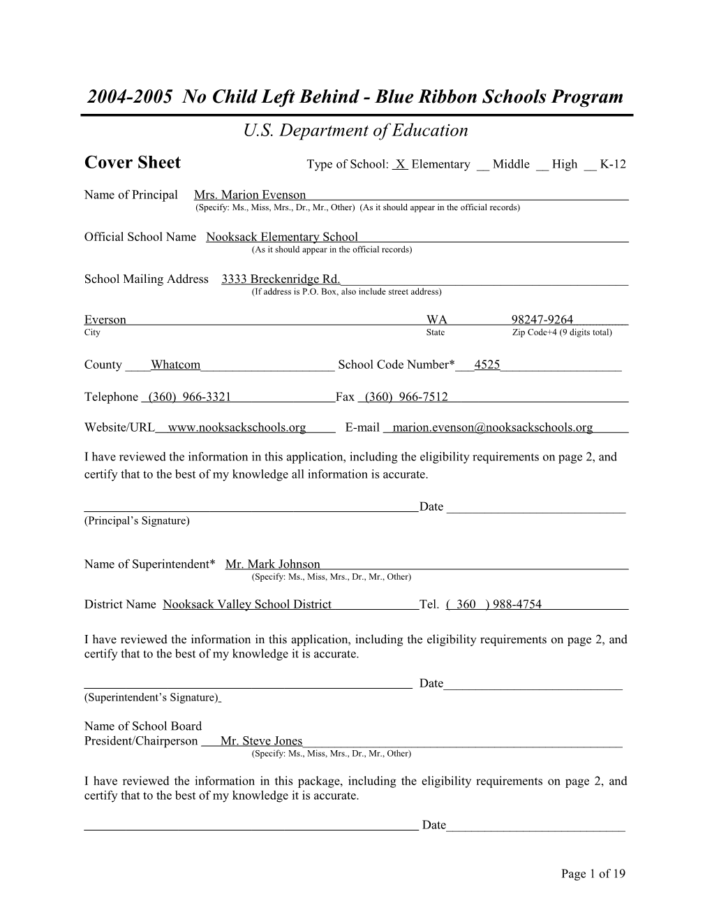 Nooksack Elementary School Application: 2004-2005, No Child Left Behind - Blue Ribbon Schools