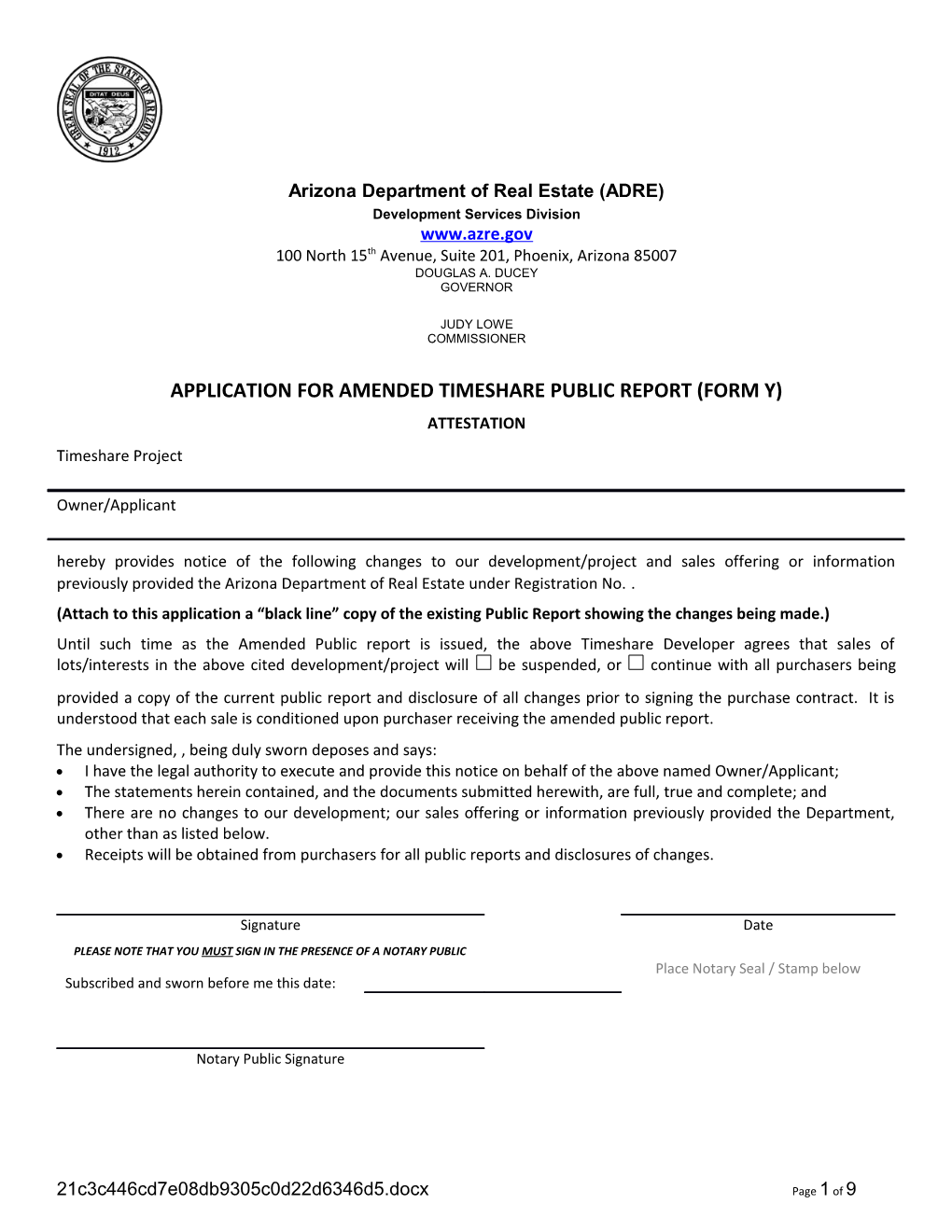 Application for Amended Timeshare Public Report (Form Y)