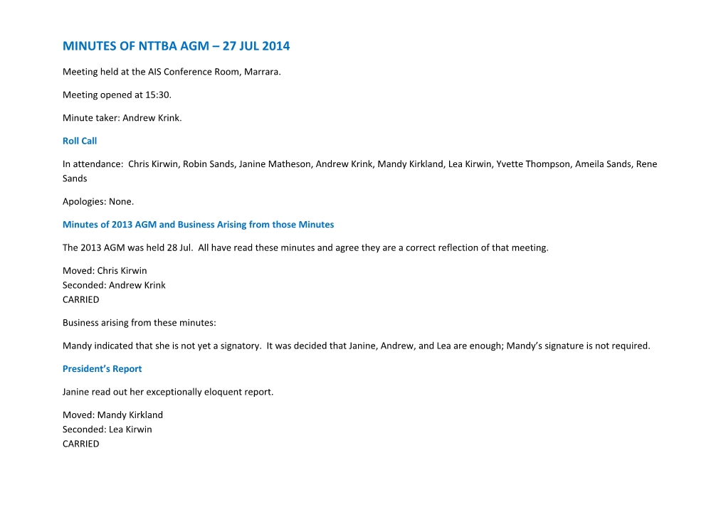 Minutes of Nttba Agm 27Jul 2014