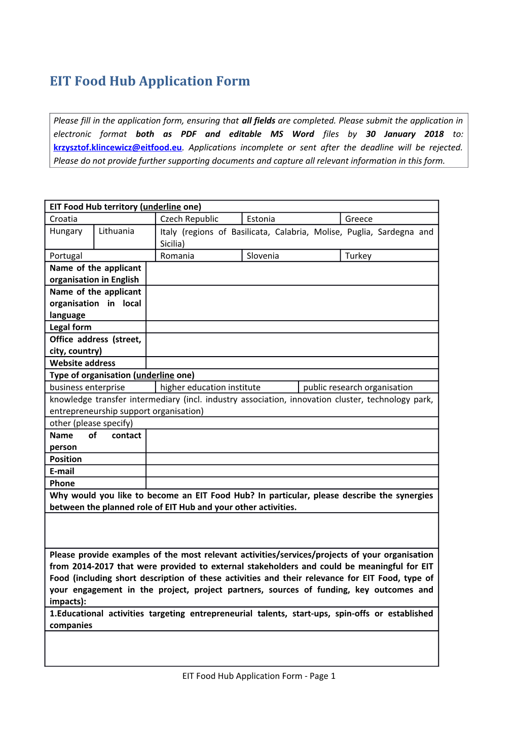 EIT Food Hub Application Form