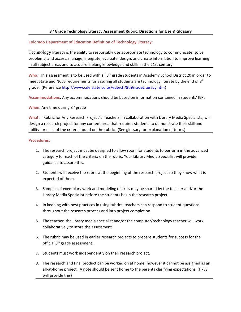 8Th Grade Technology Literacy Assessment Rubric, Directions for Use & Glossary