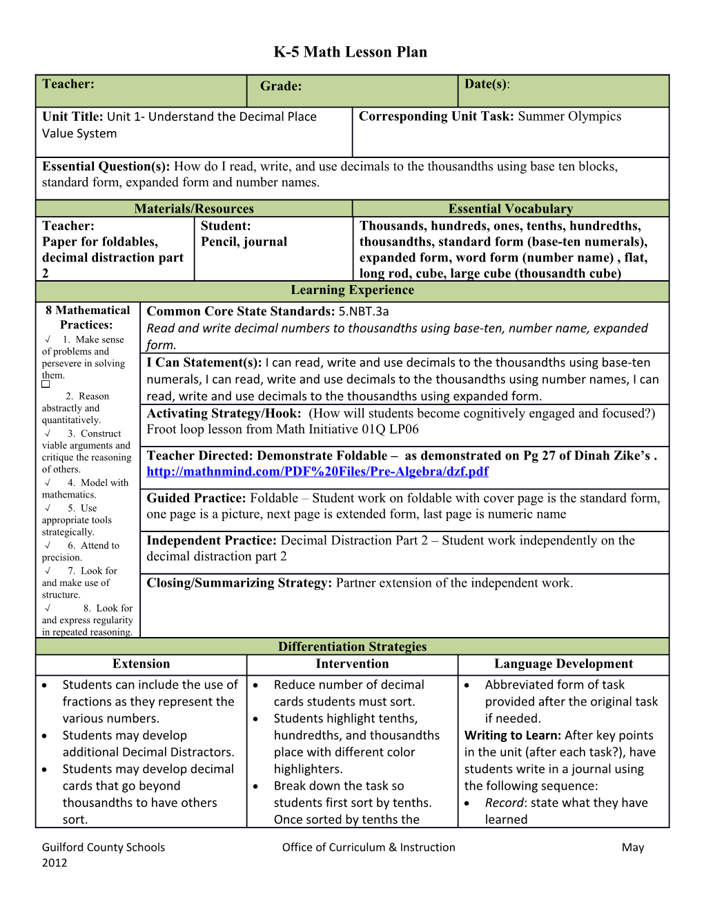 K-5 Math Lesson Plan s1