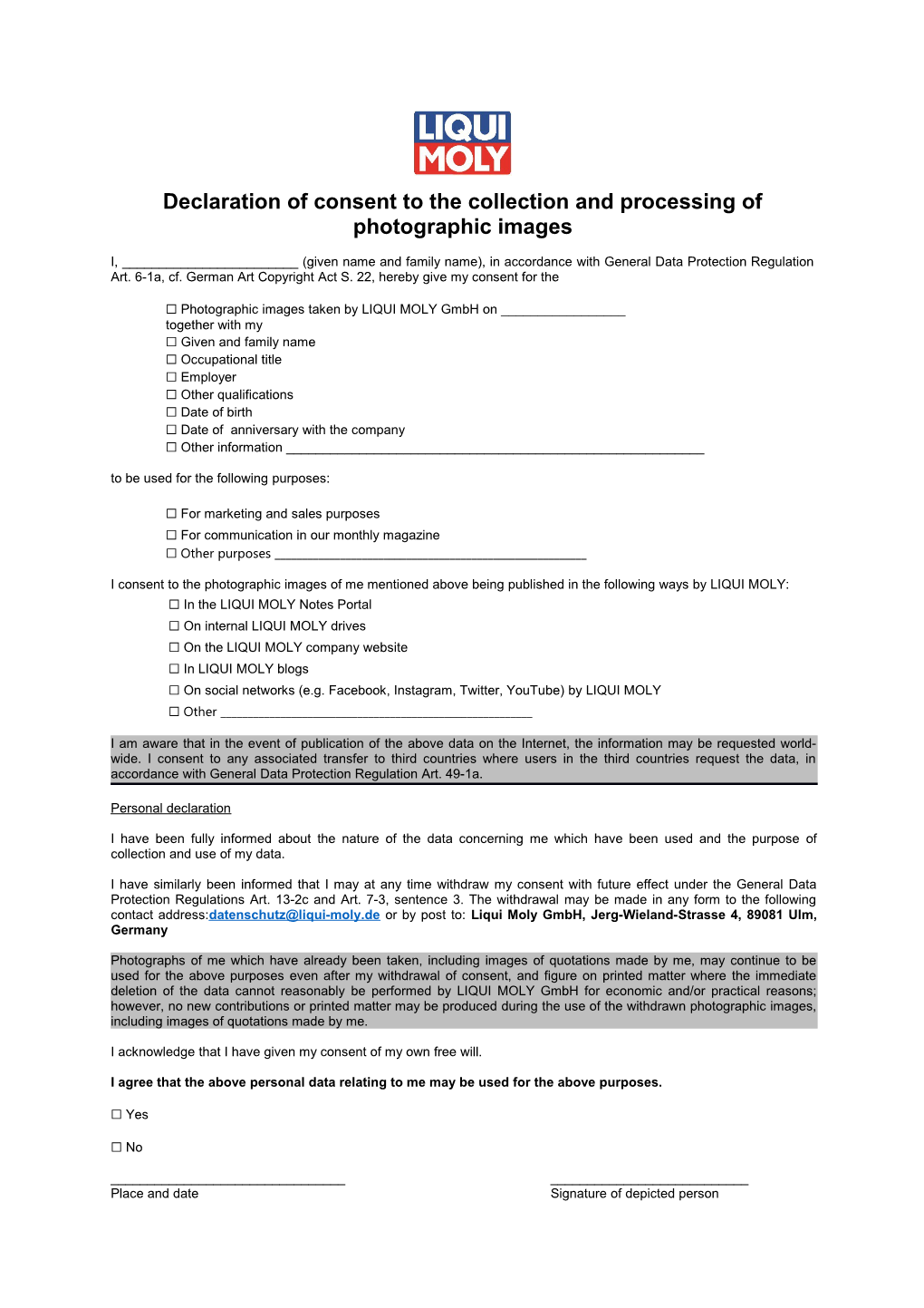 Declaration of Consent to the Collection and Processing of Photographic Images