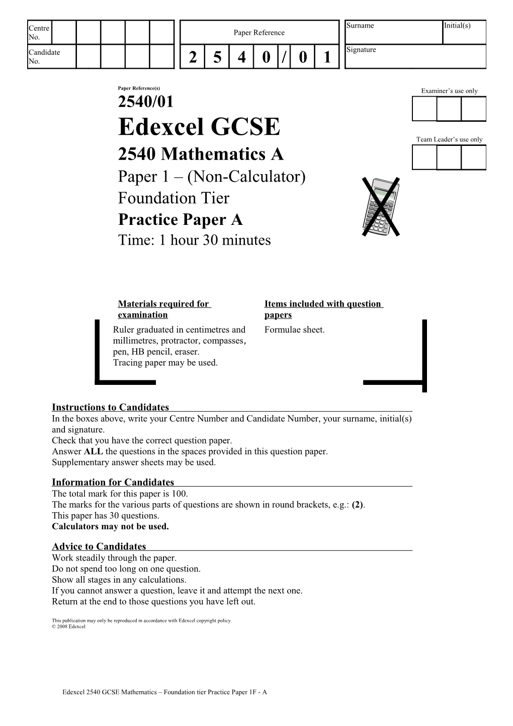 Formulae Sheet Foundation Tier