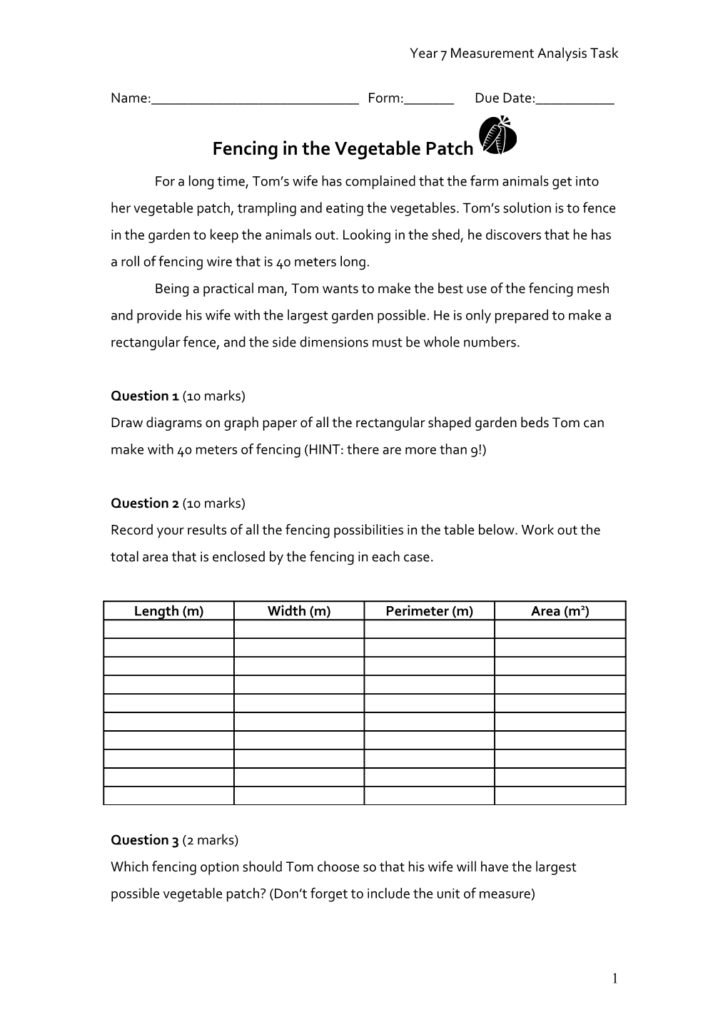 Year 7 Measurement Analysis Task