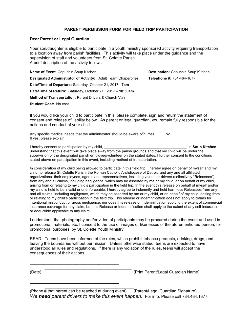 Parent Permission Form for Field Trip Participation