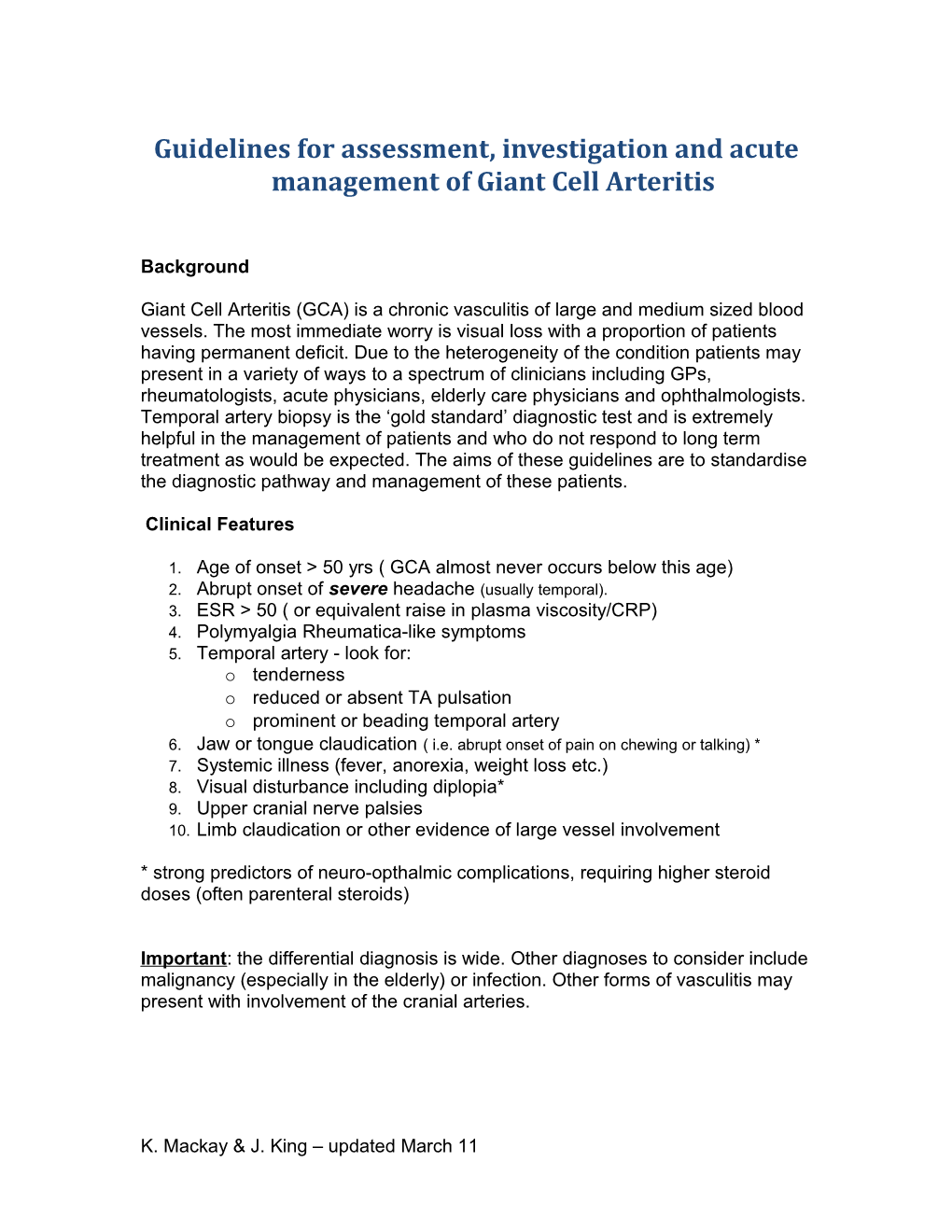 Protocol for Assessment, Investigation and Management of Giant Cell Arteritis