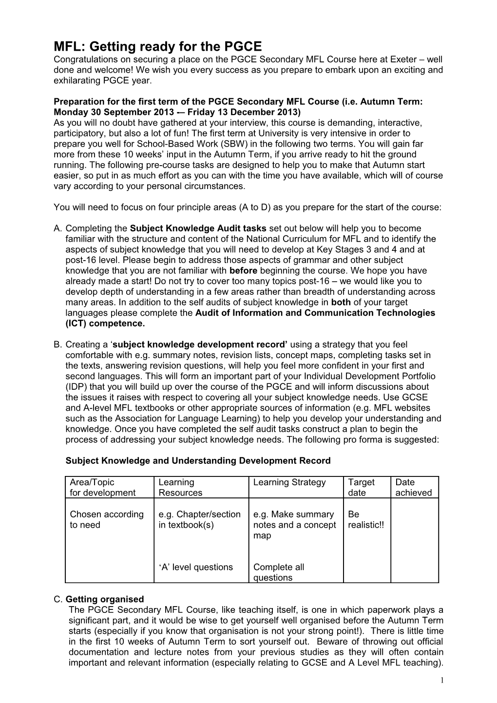 Completing the Subject Knowledge Audit Tasks Set out Below Will Help You to Become Familiar