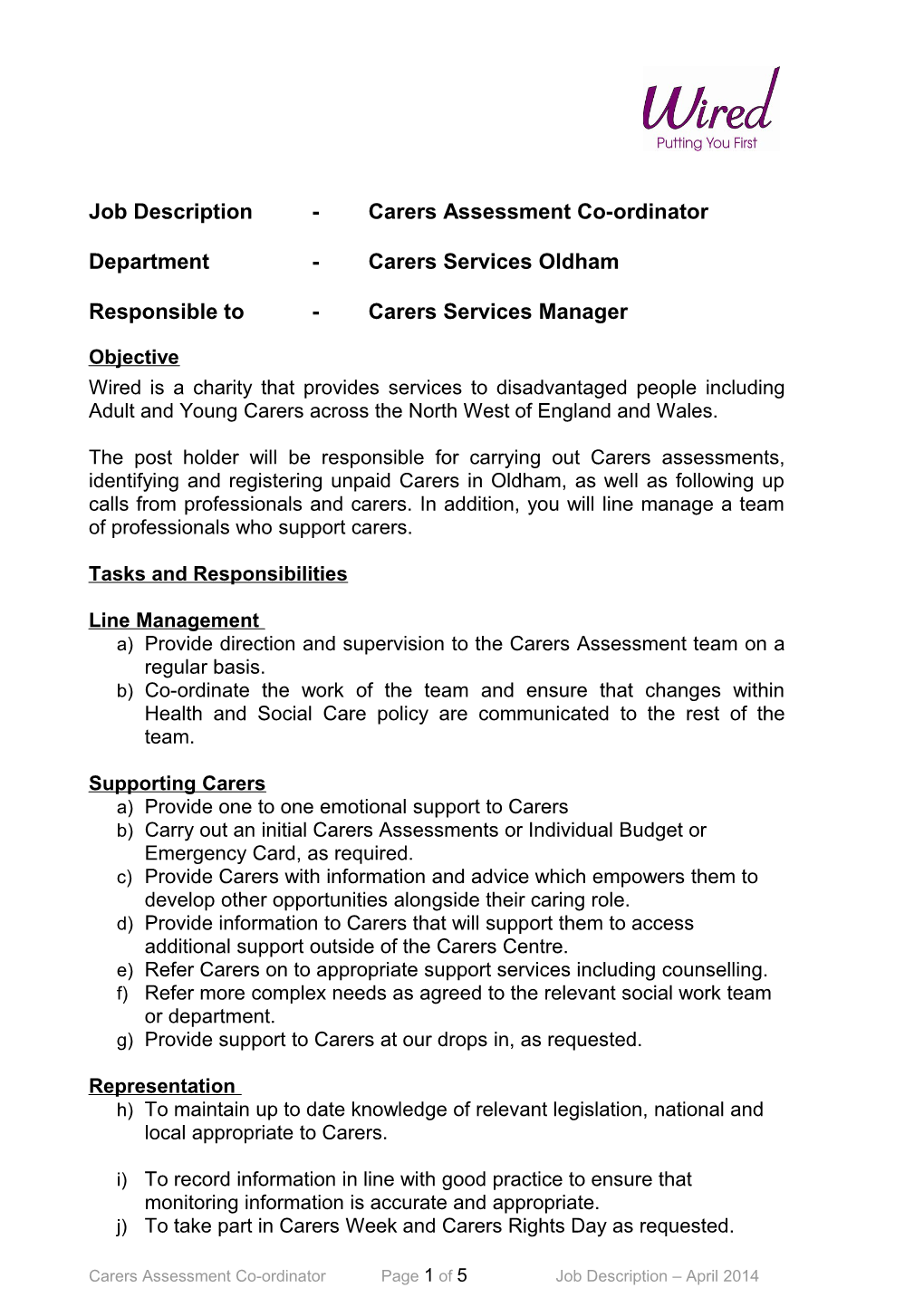 Job Description - Carers Assessment Co-Ordinator