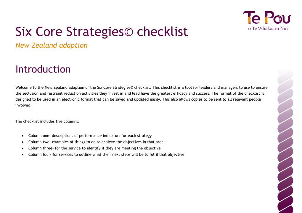 Six Core Strategies for Reducing Seclusion and Restraint Checklist