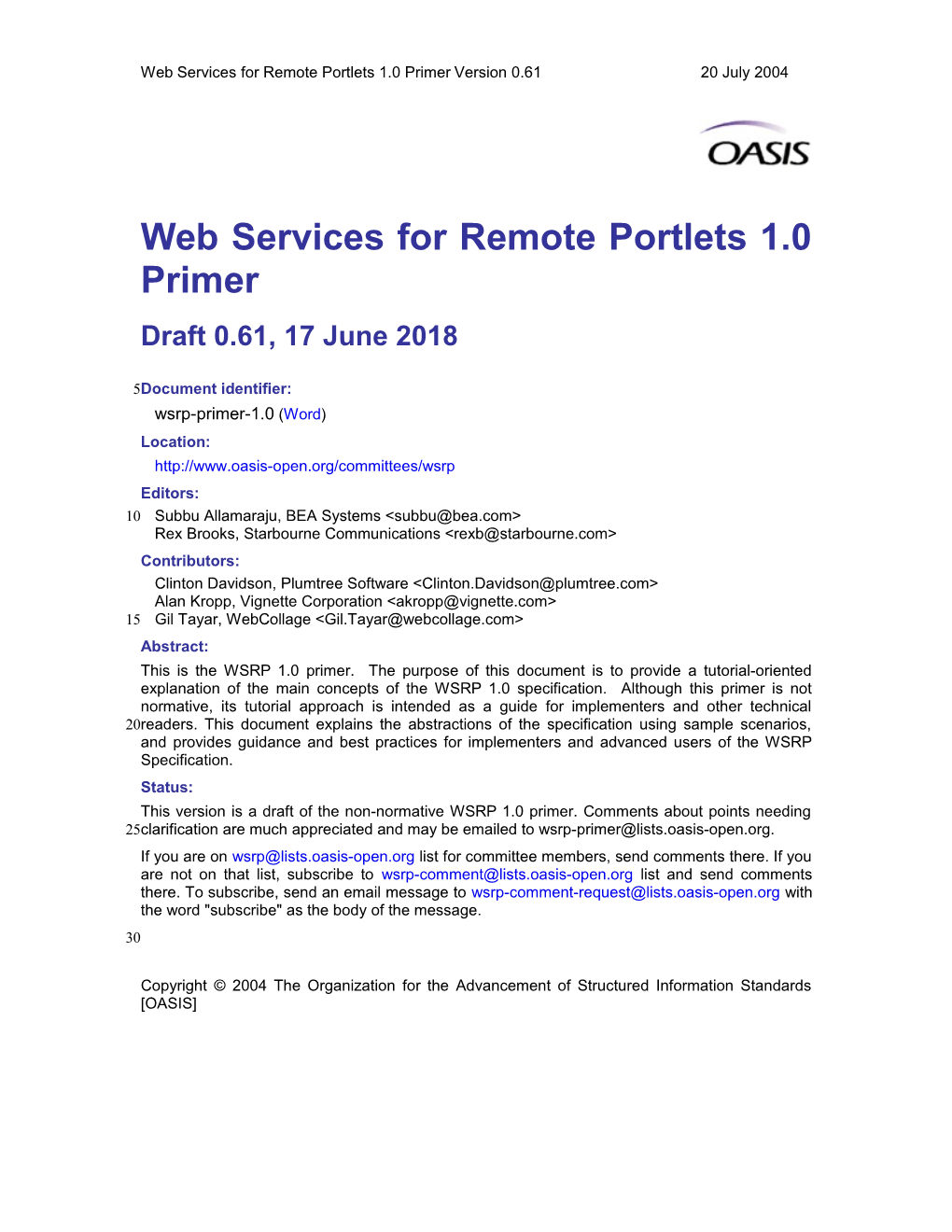 Web Services for Remote Portlets 1.0 Primer s1