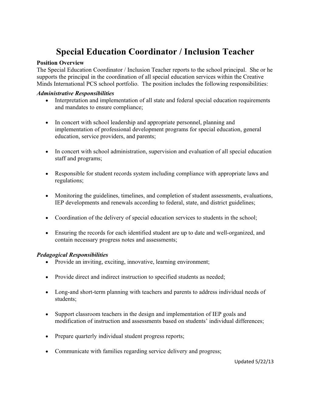 Special Education Coordinator / Inclusion Teacher