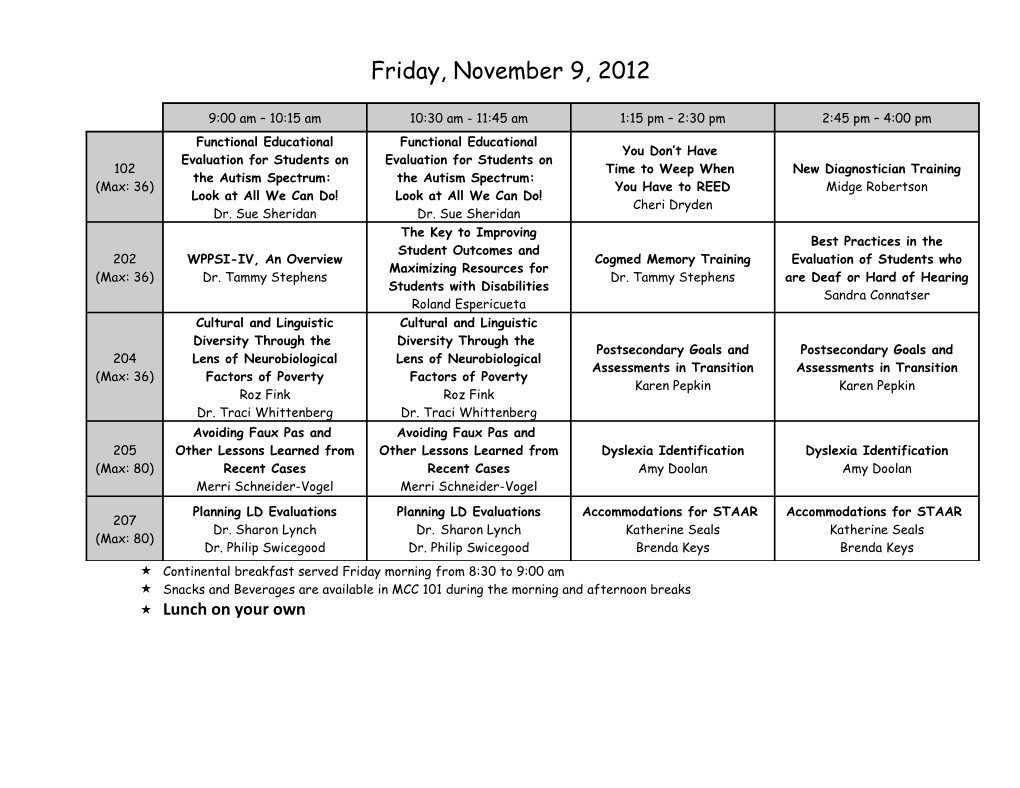 Continental Breakfast Served Friday Morning from 8:30 to 9:00 Am