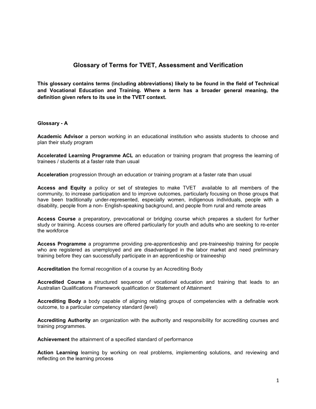 Glossary of Terms for TVET, Assessment and Verification