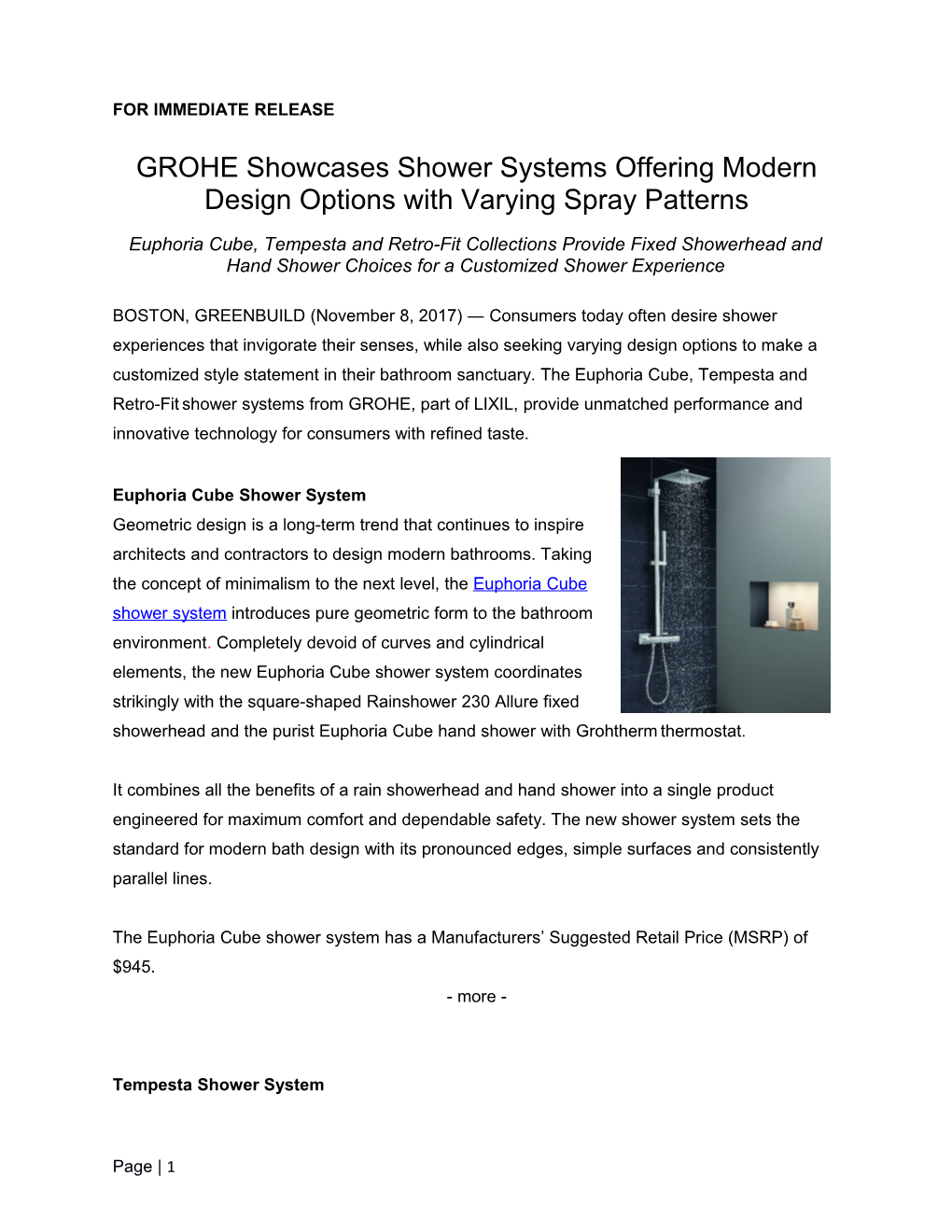 GROHE Showcases Shower Systems Offering Modern Design Options with Varying Spray Patterns