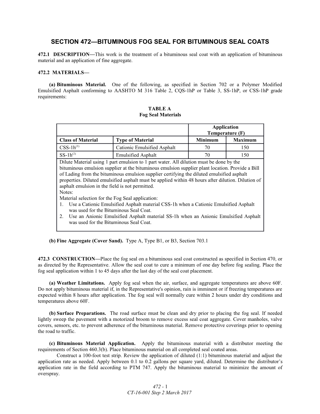 Section 472 Bituminous Fog Seal for Bituminous Seal Coats