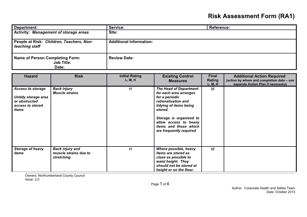 Risk Assessment Form - Blank Template