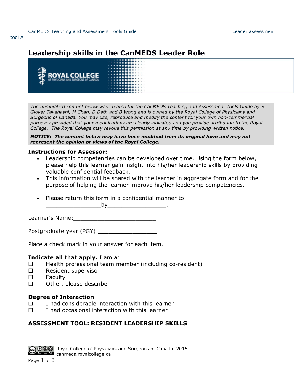 Leadership Skills in the Canmeds Leader Role