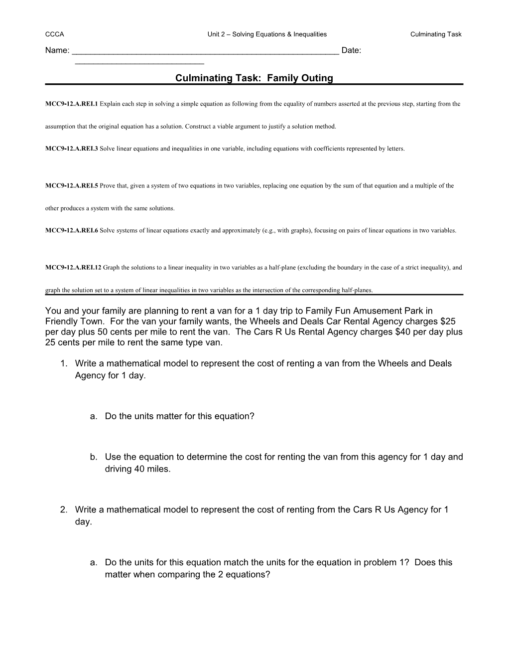 CCCA Unit 2 Solving Equations & Inequalities Culminating Task