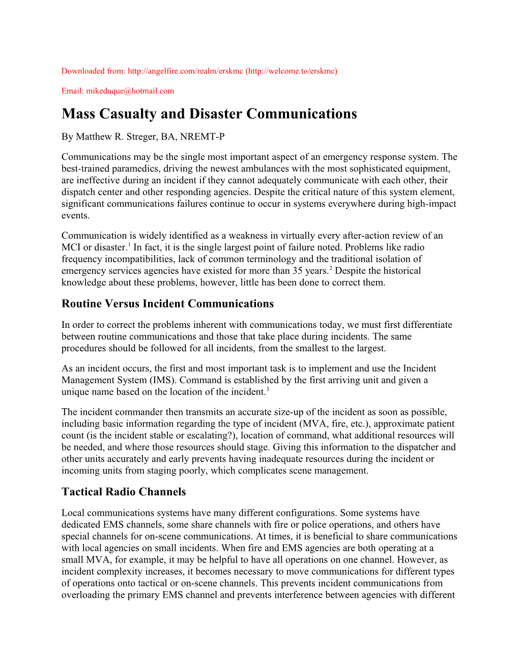 Mass Casualty and Disaster Communications