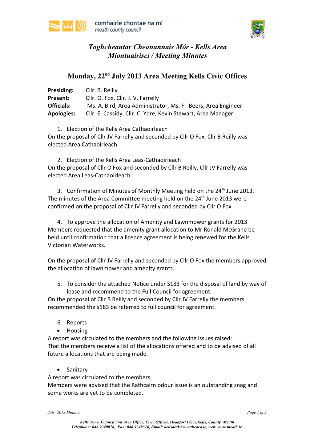 Monday, 22Nd July 2013 Area Meeting Kells Civic Offices