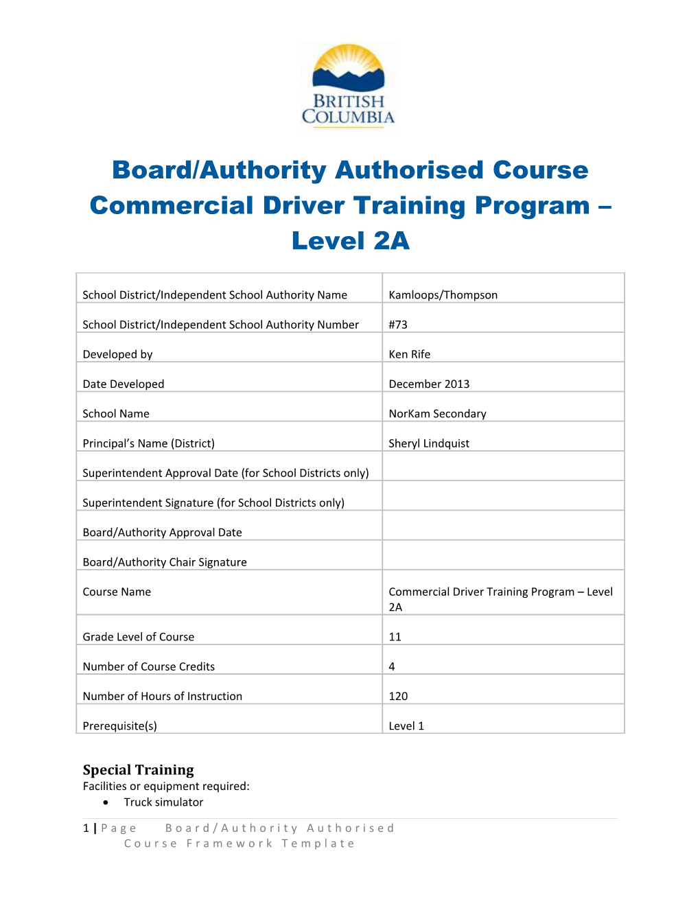 Board/Authority Authorised Course Framework Template