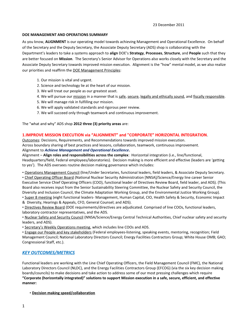 Doe Management and Operations Summary