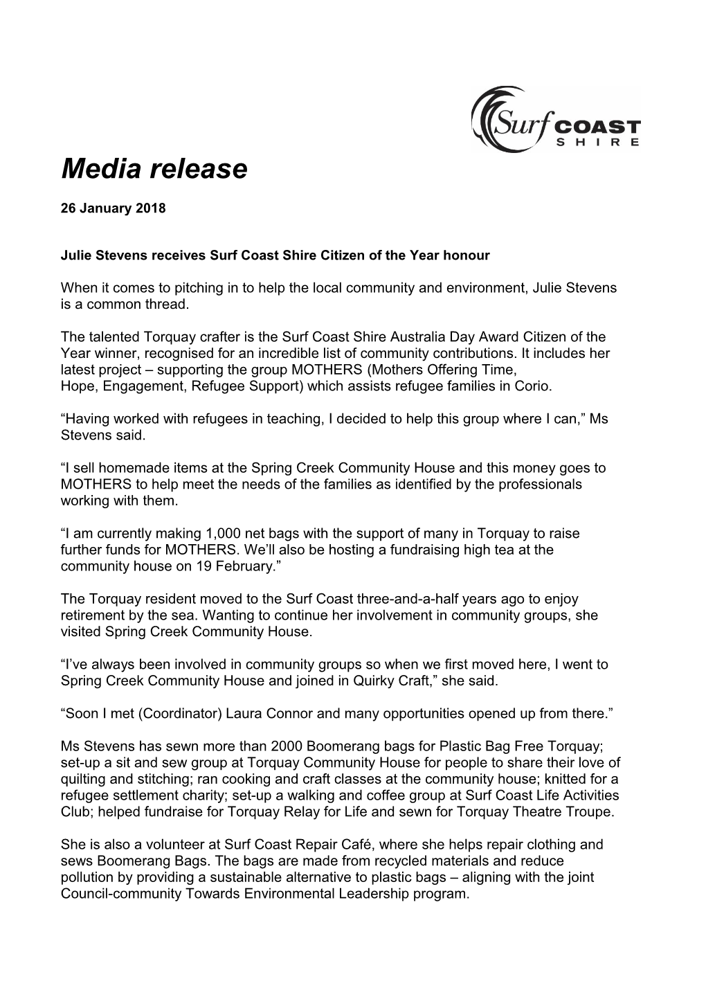 Julie Stevens Receives Surf Coast Shire Citizen of the Year Honour
