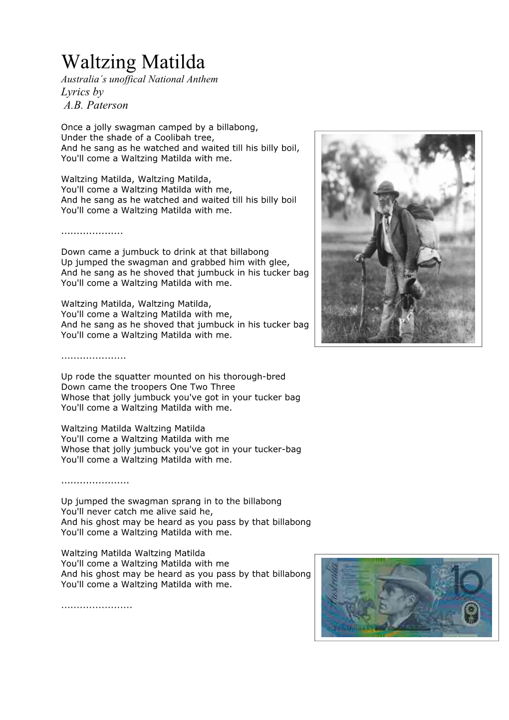 Waltzing Matilda Australia S Unoffical National Anthem Lyrics by A.B. Paterson