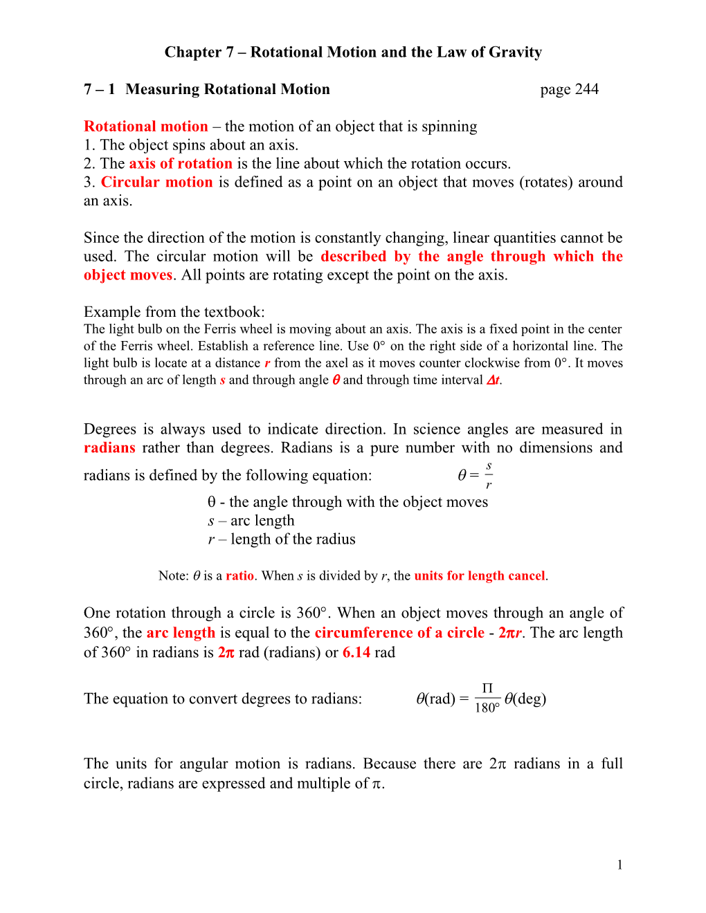 Chapter 7 Rotational Motion and the Law of Gravity