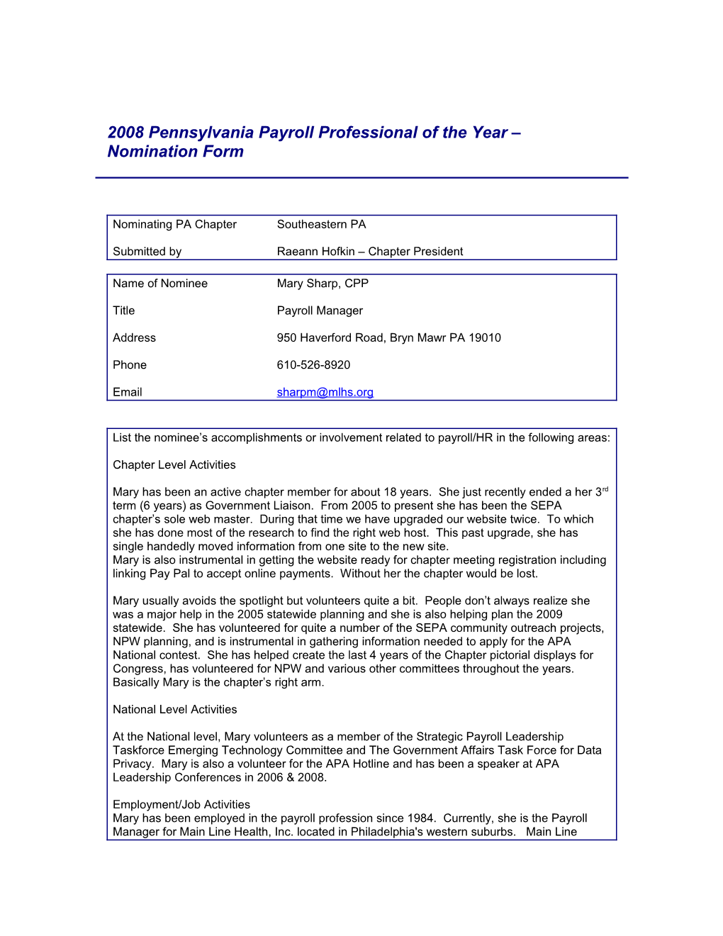 2007 Pennsylvania Payroll Professional of the Year