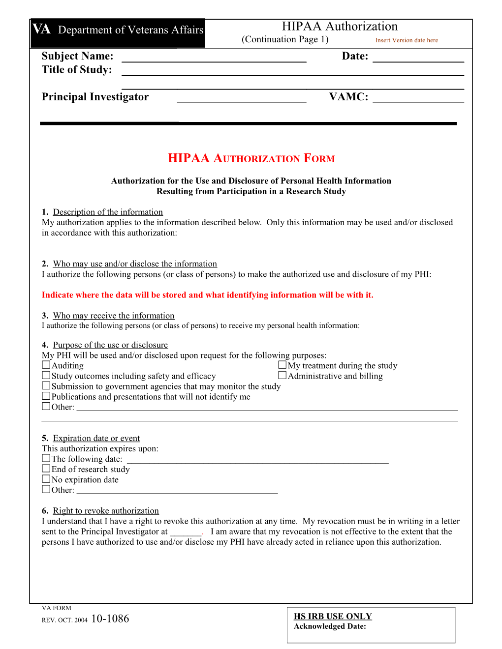 VA Research Consent Form 10-1086