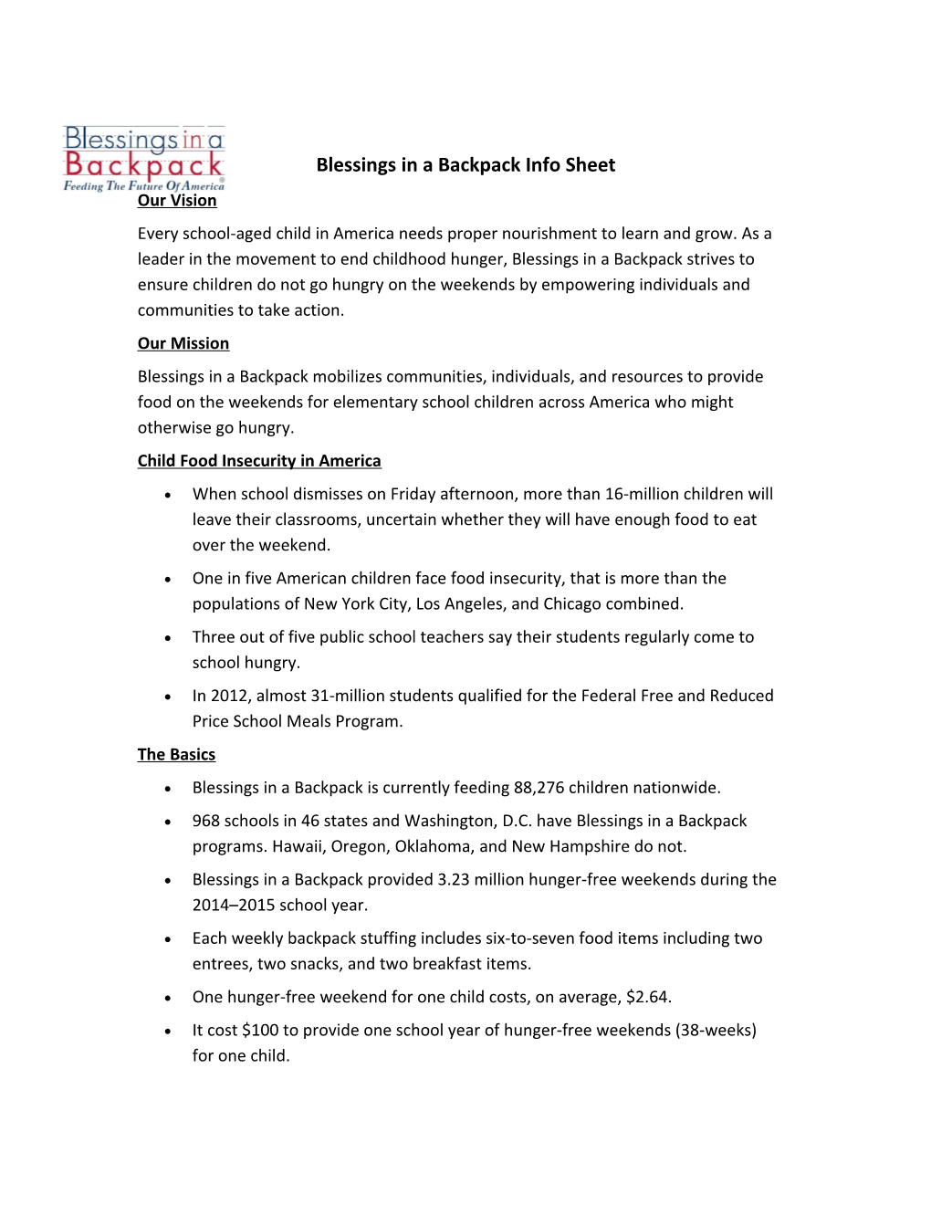 Blessings in a Backpack Info Sheet